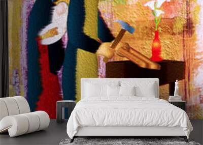 Holy family of Jesus, Mary and St Joseph the worker. Artistic abstract religious design. Wall mural