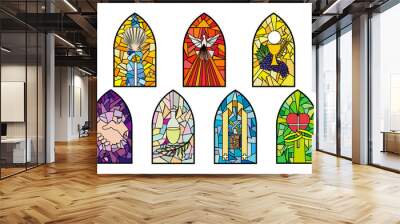 Symbols of the seven sacraments of the Catholic Church on stained glass church windows Wall mural