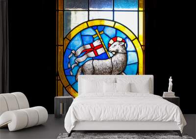 The Lamb of God. Stained glass church window detail. Wall mural