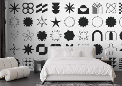 Brutalist Shapes, Cool Geometric Forms. Bauhaus Minimalist Graphic Design Elements. Trendy Y2K Vector Signs. Simple Star and Flower Basic Shapes. Wall mural