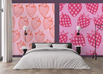 Cool Groovy Seamless Patterns. Trendy Y2k backgrounds with Strawberry, Cherry, Flower. Wall mural