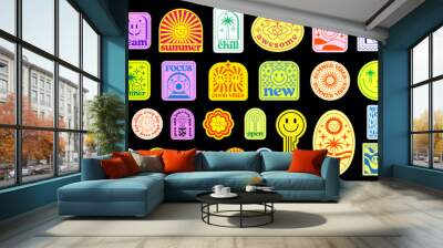 Cool Summer Stickers Pop Art Collage. Set Of Y2k Trendy Patches. Groovy Design Elements Vector Illustration. Wall mural