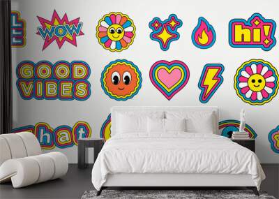 Cool Trendy Retro Stickers Collection. Set of Funny Character Emoticons. Pop Art Elements. Wall mural