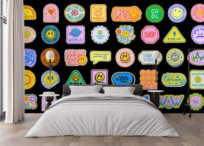 Cute Hand Drawn Y2k Patches Set Vector Design. Collection Of Cool Smile Positive Stickers. Pop Art Labels. Wall mural