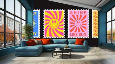 Positive Energy And Sun Shine Retro Postage Stamps Vector Design. Cool Trendy Patches Collection. Hippie Print Illustration. Wall mural