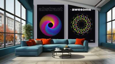 Set of abstract 3d colorful shapes. Modern geometric poster. Sun rays and firework signs. Wall mural