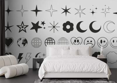 Set of Brutalist Geometric Shapes Vector Design. Cool Trendy Abstract Figures Collection. Graphic Elements. Sparkle Icons. Emoticons. Stars Symbols. Wall mural