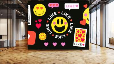 Set Of Like Emoticon Stickers Vector Design. Social Network Patches and Pins. Abstract background with smile signs. Wall mural