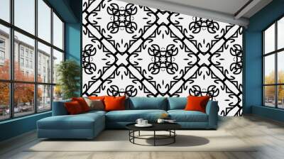 

Raster geometric ornament. Black and white seamless pattern with star shapes, squares, diamonds, grid, floral silhouettes. Simple monochrome ornamental background. Repeat design for decor, print Wall mural