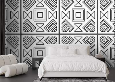 Stylish texture with figures from lines.
Abstract geometric black and white pattern for web page, textures, card, poster, fabric, textile. Monochrome graphic repeating design.  Wall mural