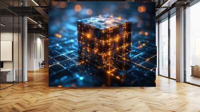 A 3D render of a cube technology converging on a circuit point against a blue backdrop illustrates blockchain networks, data processing, cloud security, and digital tech. Wall mural