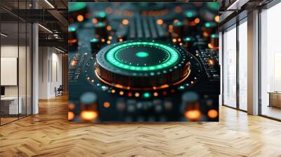 A 3D render of a green neon light music icon on a black high-tech floor, representing audio technology. Wall mural