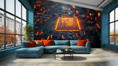 A 3D-rendered abstract network background of circuit boards symbolizes the conceptual visualization of modern technology. Wall mural