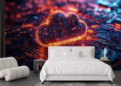 A 3D rendering depicts cloud technology with connected wires, symbolizing data storage on an abstract light background. Wall mural