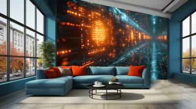 A 3D rendering of an abstract technology concept with futuristic cyberspace visuals, emphasizing data processing in a modern digital style. Wall mural