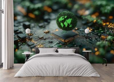 A detailed concept of green technology featuring a world icon on a circuit board, showcasing innovations in sustainable computing and corporate responsibility. Wall mural