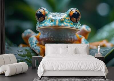 A flying frog sits on leaves in a tropical rainforest, captured in a humorous portrait. Wall mural