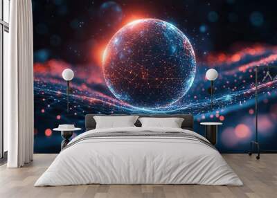 A futuristic sphere of particles and lines represents a network connection, visualizing big data in a 3D abstract design. Wall mural