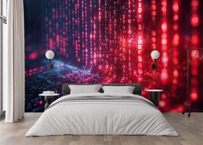 A matrix-style digital background features red and blue binary code, symbolizing hacker activity. Wall mural