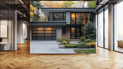 A modern grey garage door with glass panels and black trim centers on an elegant home's brick driveway. Wall mural