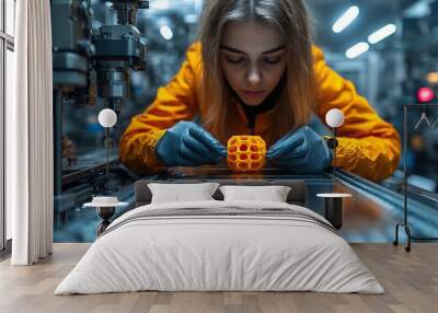 A person removes a newly made object from a 3D printer, highlighting advancements in additive manufacturing and technology applications. Wall mural