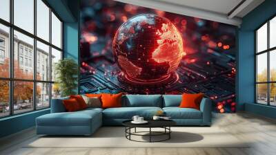 A robotics hologram abstract technology background with a globe on a Chinese flag, representing AI and machine learning. Wall mural