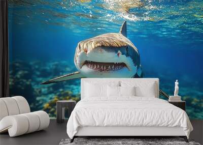 A shark opens its mouth in a threatening pose, swimming in blue ocean waters. Wall mural