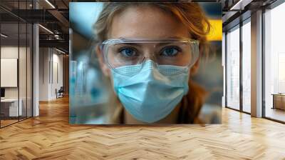 A woman researcher in a protective mask conducts laboratory work, focusing on the development of innovative medicines and vaccines. Wall mural