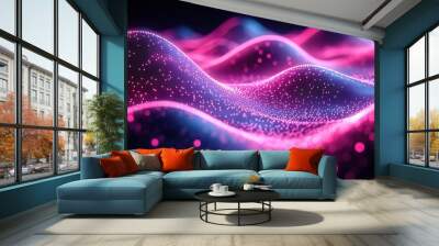 Abstract generative art features a 3D illustration of fractal graphics, composed of dots, waves, and rays of light, representing science and digital technology. Wall mural