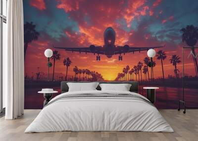 An airplane flies above palm trees at sunset, evoking the essence of travel and vacation in a beautiful sky. Wall mural