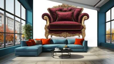 A luxurious, ornate burgundy armchair with plush cushions and elaborate golden detailing, perfect for elegant interiors. Wall mural