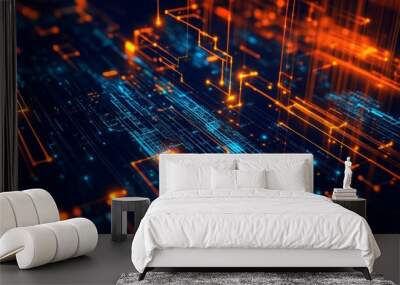 A vibrant digital landscape featuring interconnected lines and nodes in blue and orange hues, symbolizing technology and data flows. Wall mural