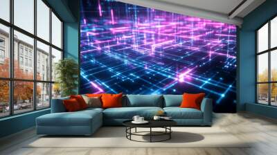 Abstract futuristic grid glowing with neon pink and electric blue lights, creating complex geometric patterns, Wall mural