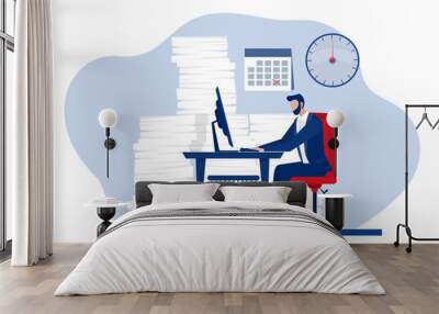 Businessman busy unhappy man with stacks of paper on desk.hard work concept vector illustrator Wall mural