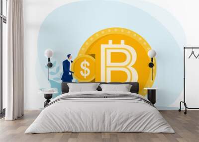 businessman put dollar coin exchange  for bitcoin. flat design.bitcoins, altcoins, finance, digital money market, cryptocurrency,coins Vector illustration. Wall mural