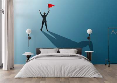 human holding red flag to success with shadow man strong illustrator. Wall mural