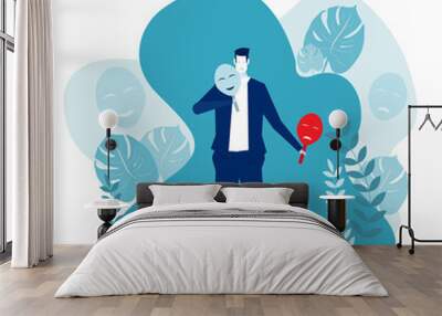 imposter syndrome, businessman trying on carnival masks with happy or sad expressions. Wall mural