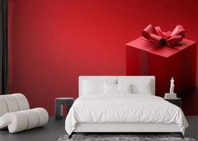 Preparing for the holidays with a red gift box on a red background for Christmas or Valentine's Day. Happy New Year template added. Wall mural