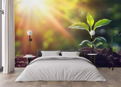 Symbolizing growth and new beginnings, a vibrant young plant rises from the fertile soil, basking in the warm sunlight. Wall mural