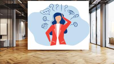 woman suffers from obsessive thoughts; headache; unresolved issues; psychological trauma; depression.Mental stress panic mind disorder illustration Flat vector illustration. Wall mural