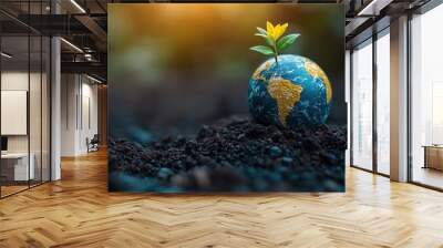 Earth globe with a plant on it, representing World Environment Day against a dramatic backdrop. Wall mural