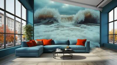 Foamy sea waves roll under a white, cloudy sky. Wall mural