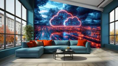 Futuristic digital technology representing cloud computing and the transfer of big data over the internet. Wall mural