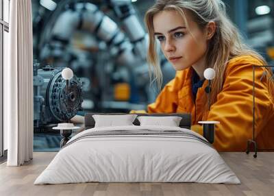 In a factory, a female mechanical engineer designs a 3D engine on her computer while a male engineer programs a robotic arm, demonstrating teamwork and technology. Wall mural