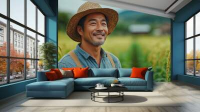 In a modern rice field, an Asian farmer uses a tablet with a smart hologram screen, diagnosing and tracking plant health through advanced agricultural engineering. Wall mural