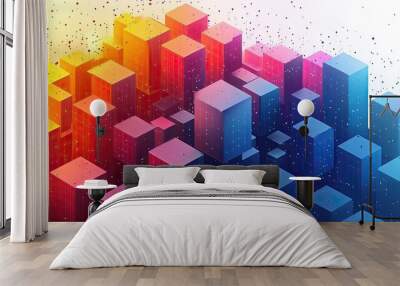 Minimalist line art of an isometric network with colorful blocks and dots on a white background. Wall mural