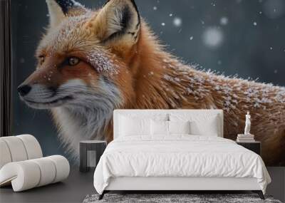 Beautiful fox at Christmas time, with an expression of tenderness and a background of snowflakes. Wall mural