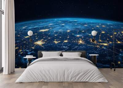 The abstract global business network concept emphasizes worldwide digital connectivity and integration. Wall mural