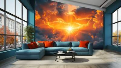 The sun breaks through the clouds, creating a dramatic and beautiful sky. Wall mural