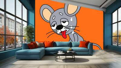 emoticon with a cool deadly mouse that stands half-bent and sticks out its tongue, sweat flows from her forehead, color vector emoji on a orange isolated background Wall mural